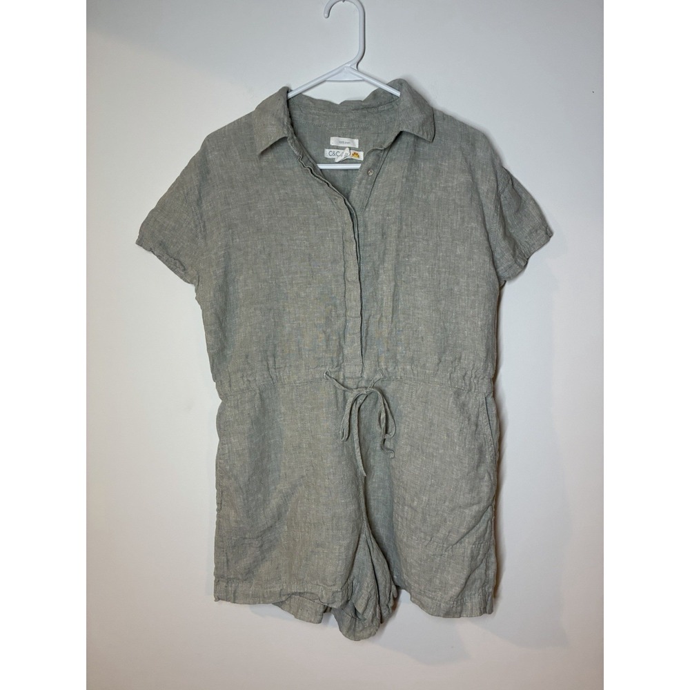 C&C California Romper Womens Medium Green Linen Button Front Drawstring Waist M